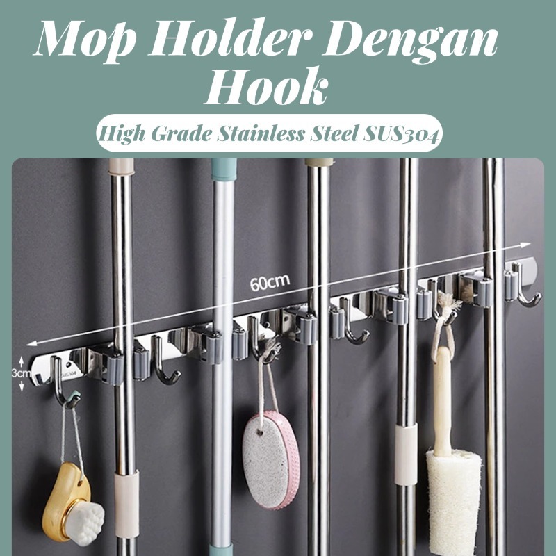 bendera Gantungan Sapu Pel Stainless Steel / Mop Holder Dengan Hook / Rak Pel 5 Kait 4 Penjepit / Ra
