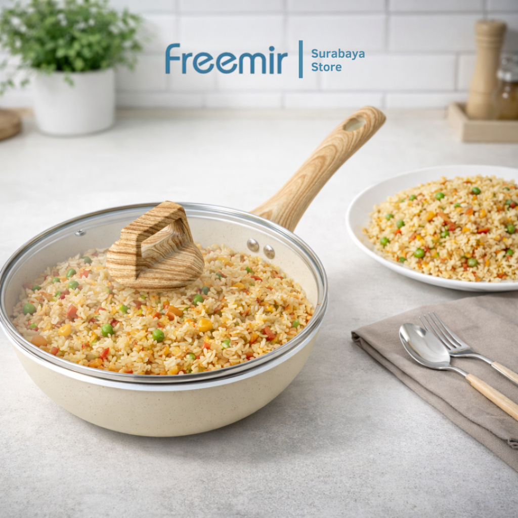 [Original 100%] freemir Wok Pan Teflon Premium Tutup Kaca 24cm Granit Anti Lengket Gagang Kayu