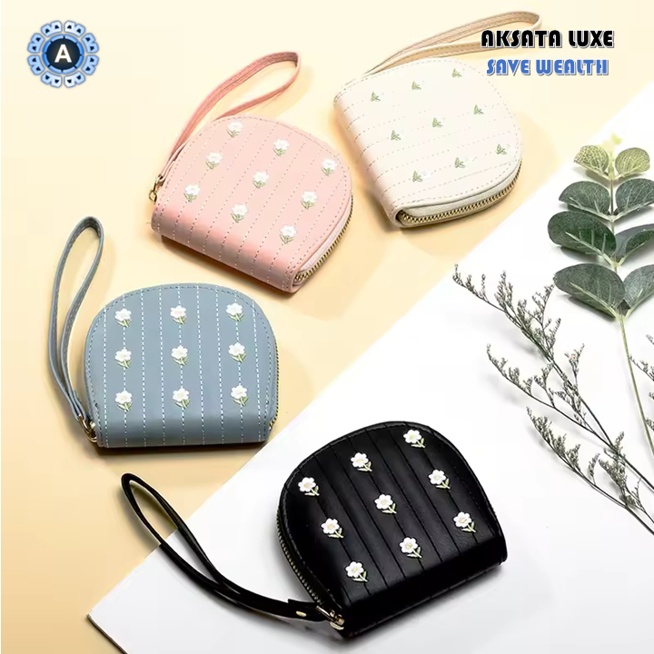 Dompet Koin Wanita Mini Bordir Bunga Daisy – Dompet Kecil Resleting Fashion Dompet Uang Koin Lucu de