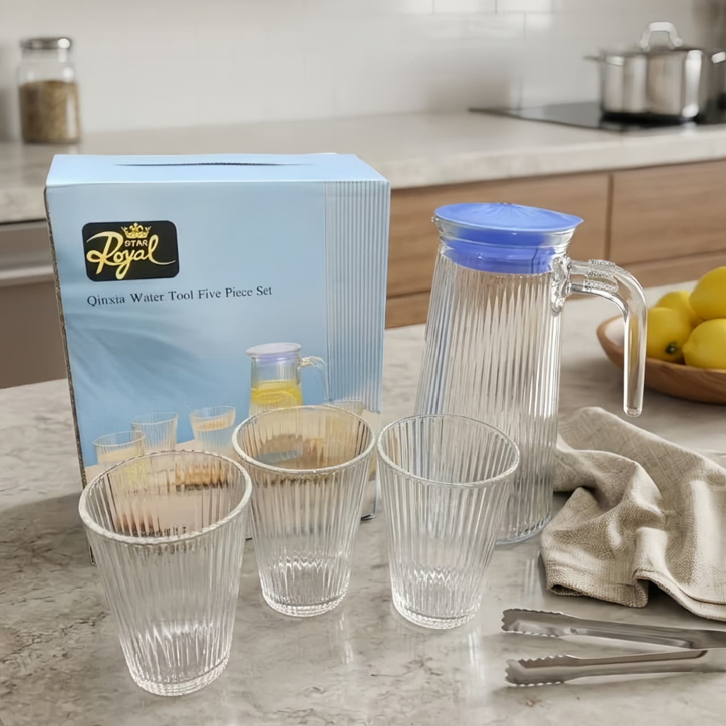 5 Pcs Fluted Glass Set - Set Teko & Gelas Kaca Estetik Star Royal