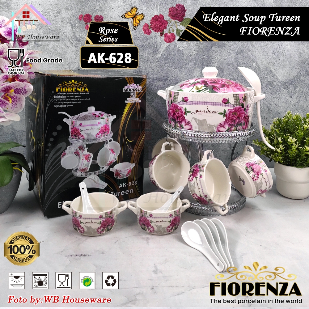 FIORENZA soup tureen Rose deluxe series with rack / mangkok es buah keramik + sendok AK-628