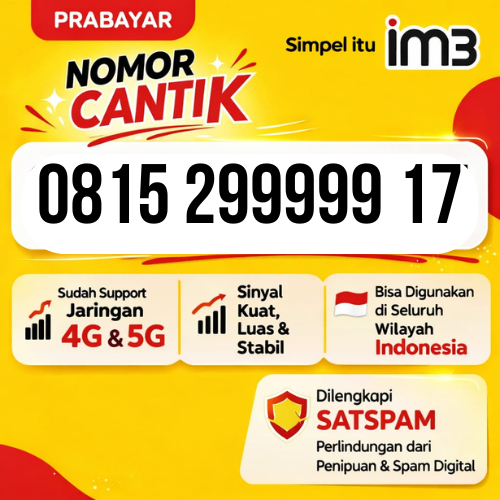 Nomor Cantik Im3 Indosat Ooredoo Jaringan 4G/5G Prabayar Tripel Kwartet Panca Hexa Ekor 9999 8888 55