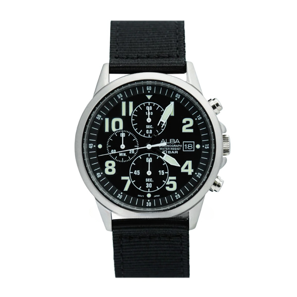 Promo Original Jam Tangan ALBA Active AM3853X1 Men Chronograph Black Dial Black Nylon Strap ALBASKU: