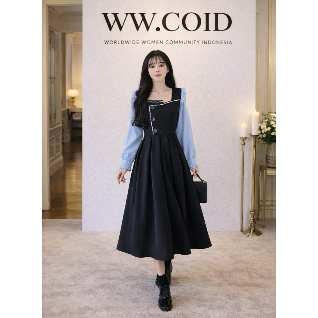 Korean Style Big Size Midi Dress Wanita Hitam Lengan Panjang Biru Elegant Jumbo