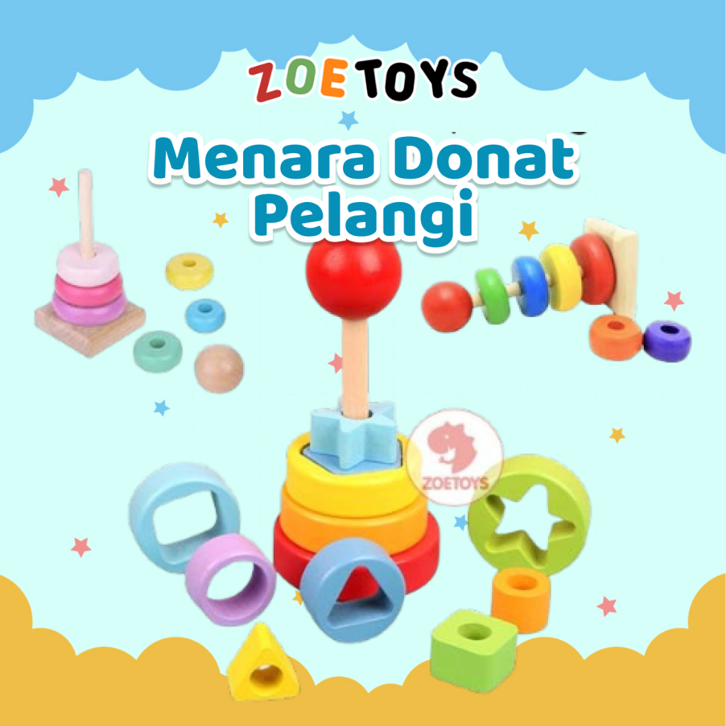 Zoetoys Menara Geometri Donat Pelangi | Ring Rainbow Tower | Menara Pelangi Kayu | Donat kayu Mainan