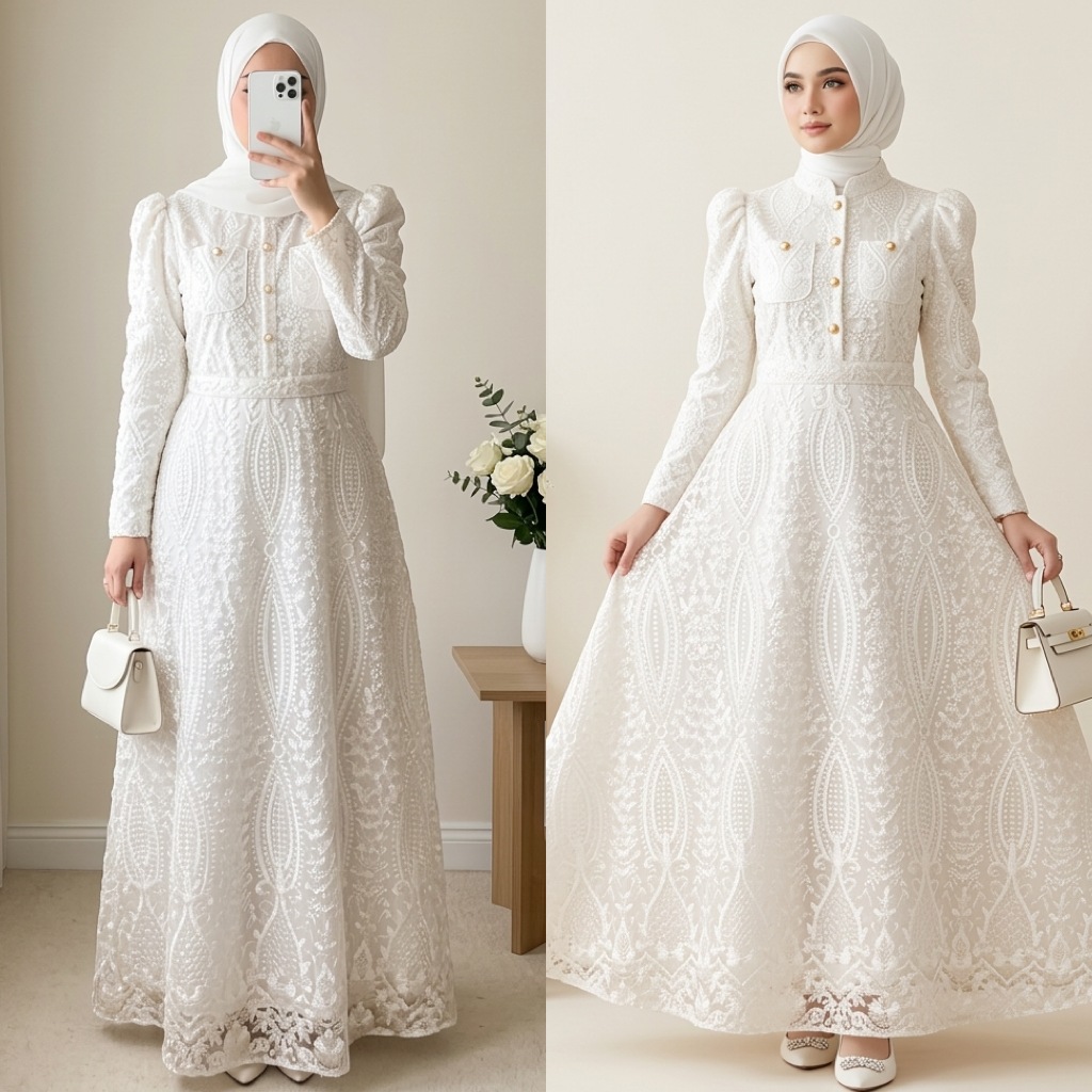 Gamis Putih Busui Tile Full Bordir Kancing Baju Muslim Lebaran Vima