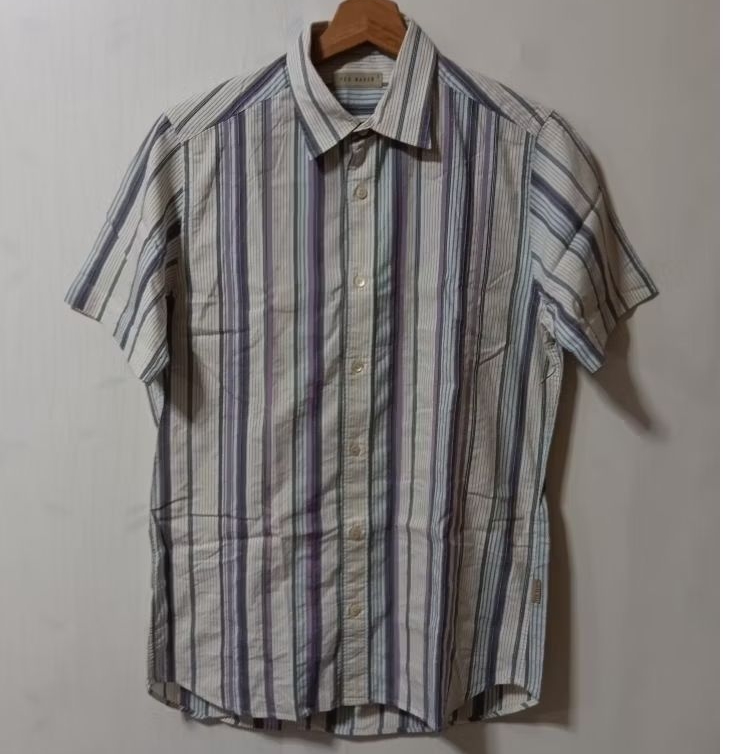 Kemeja pria lengan pendek motif garis TED BAKER Skinny fit size S