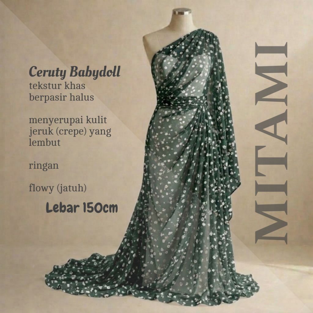 MITAMI Kain Ceruty Babydoll Motif Bunga Kecil Vintage Meteran / Bahan Ceruti Printing (Harga Per 0,5