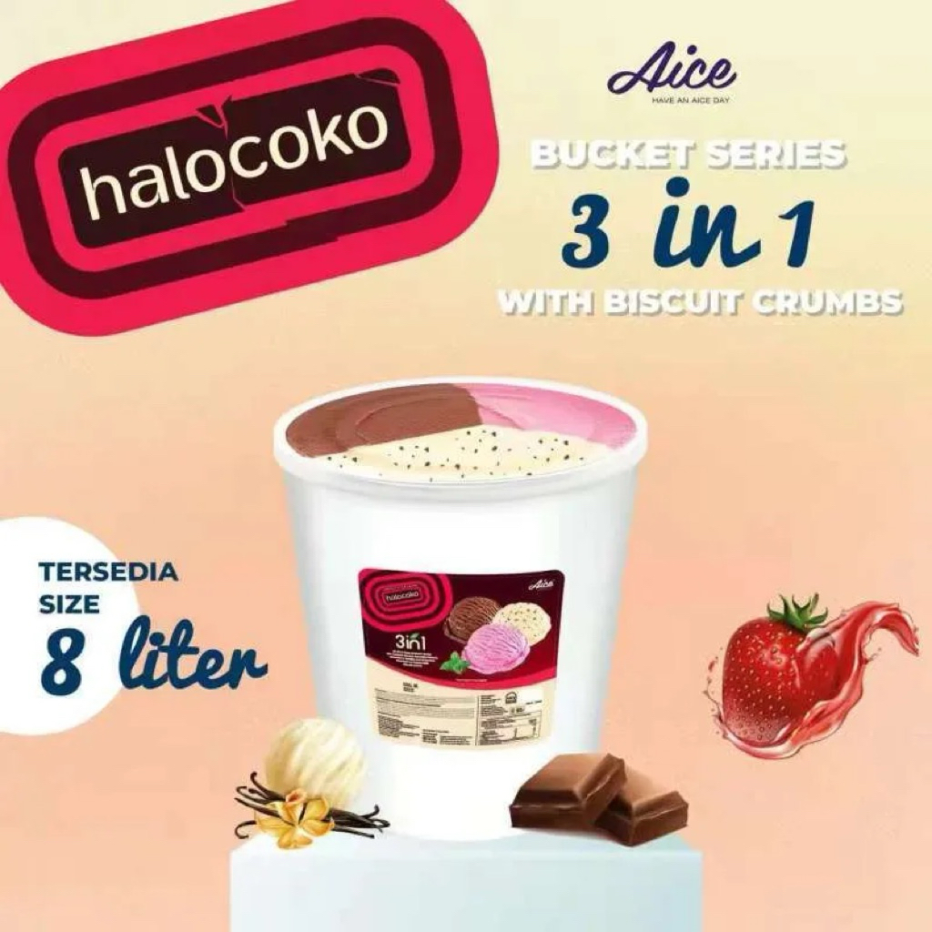 Es Krim AICE / HALOCOKO Family Bucket 8 liter 3in1 Rasa Vanilla, Coklat, dan Strawberry
