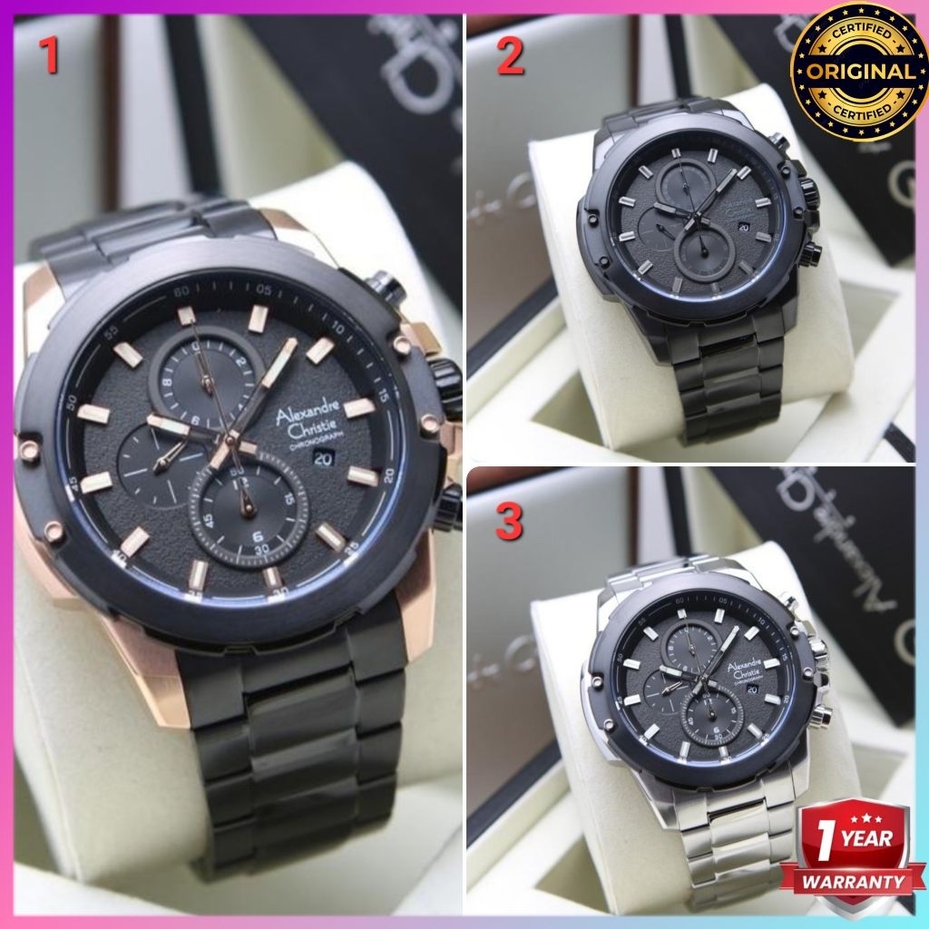 ORIGINAL GARANSI RESMI 1 TAHUN JAM TANGAN PRIA ALEXANDRE CHRISTIE CHRONOGRAP RANTAI STAINLESS STEEL 