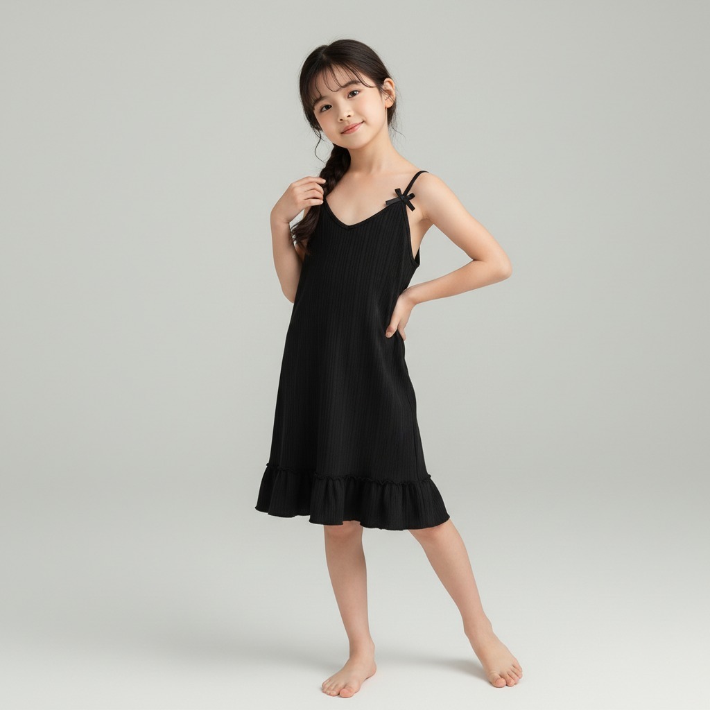 KEKINIAN PAKAIAN DRESS RUFFLE TALI KECIL ANAK PEREMPUAN BAHAN HYGT POLOS NYAMAN