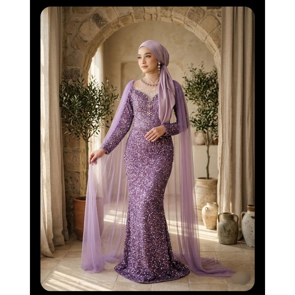 Gaun pengantin muslimah/gaun pengantin mewah/gaun pengantin ungu blink/gaun pengantin sayap/dress pe