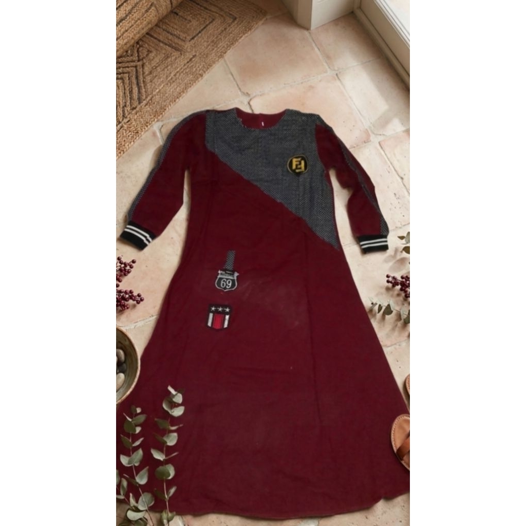 Gamis Lebaran Maroon Patchwork - Remaja