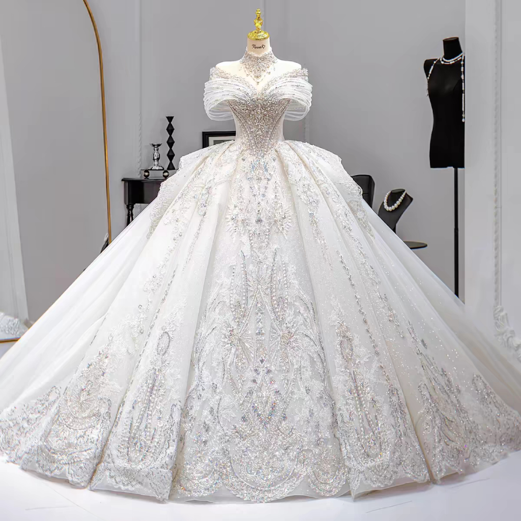 Putih Gaun Pengantin Ekor Panjang Sabrina Gaun Pesta Bling Bling payet Long Tail Bridal Wedding Dres