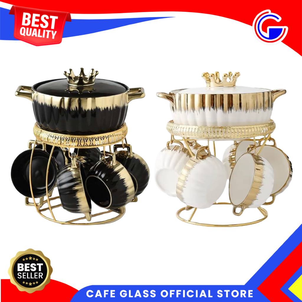 Homeline Crown Panci Kuah - 6 Mangkok Sup 1 Wadah Saji Tutup Kaca 1 Rak Besi - Prasmanan Set Keramik