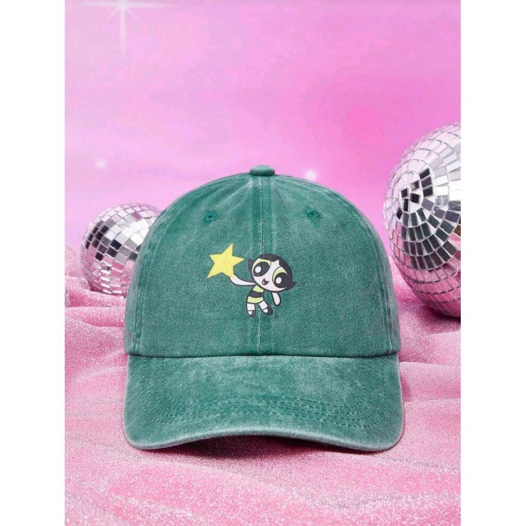 THE POWERPUFF GIRLS X SHEIN Fashionable Versatile Minimalist Cartoon Pattern Washed Baseball Cap, Gi