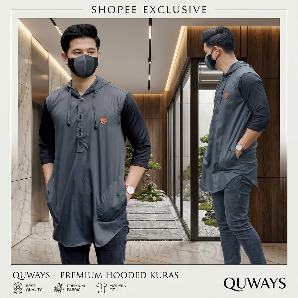 Baju Koko Kurta Hoodie Pria Lengan 3/4 Bahan Katun Toyobo Premium - Quways Original