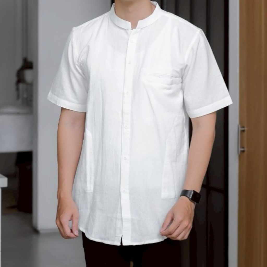 Kemko Kemeja Koko Kurta Lengan Pendek Putih Katun Linen Premium