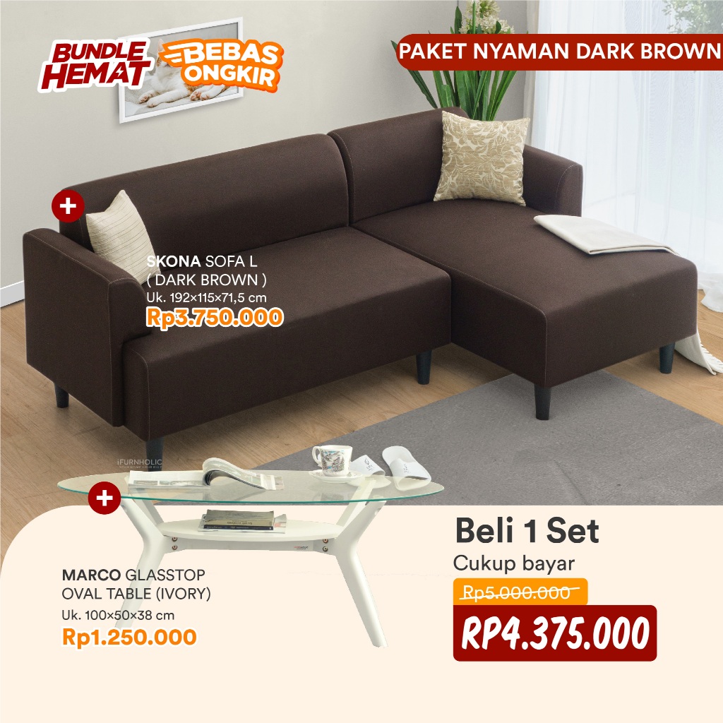 iFURNHOLIC - SET SOFA & MEJA  - SKONA SOFA L- MARCO GLASSTOP COFFEE TABLE - MEJA TAMU - SOFA MINIMAL