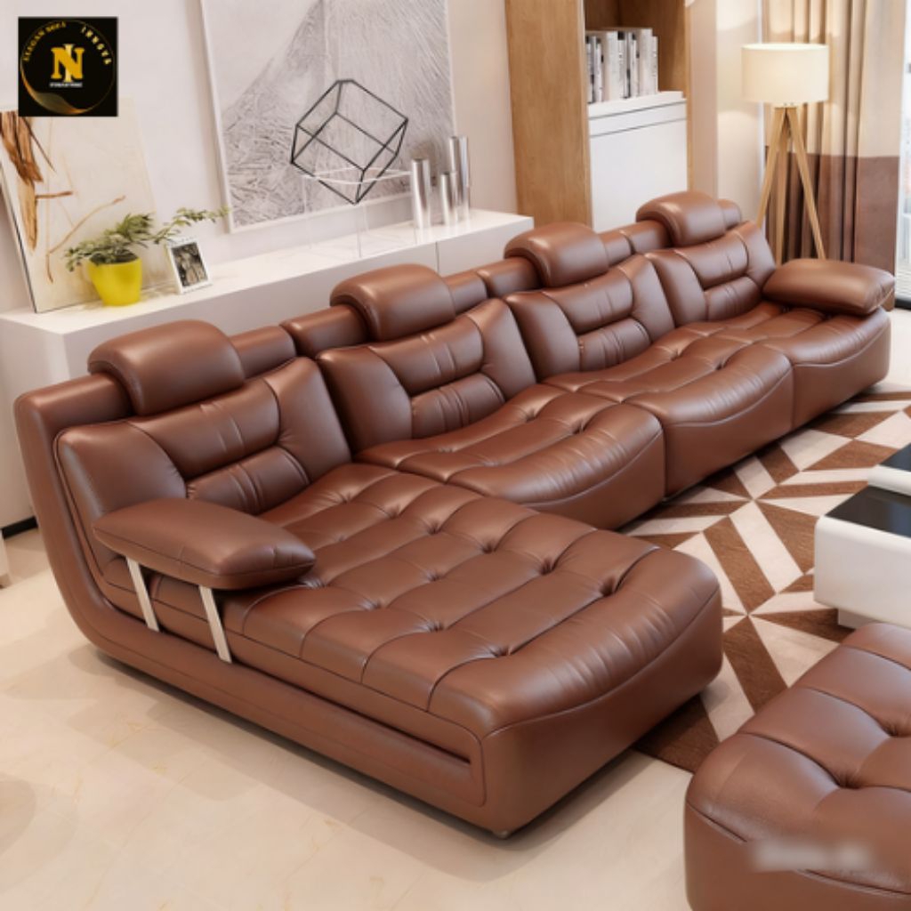Sofa Sudut Kulit Cokelat dengan Pola Jahitan Kotak - Detail Mewah untuk Ruang Tamu Anda
