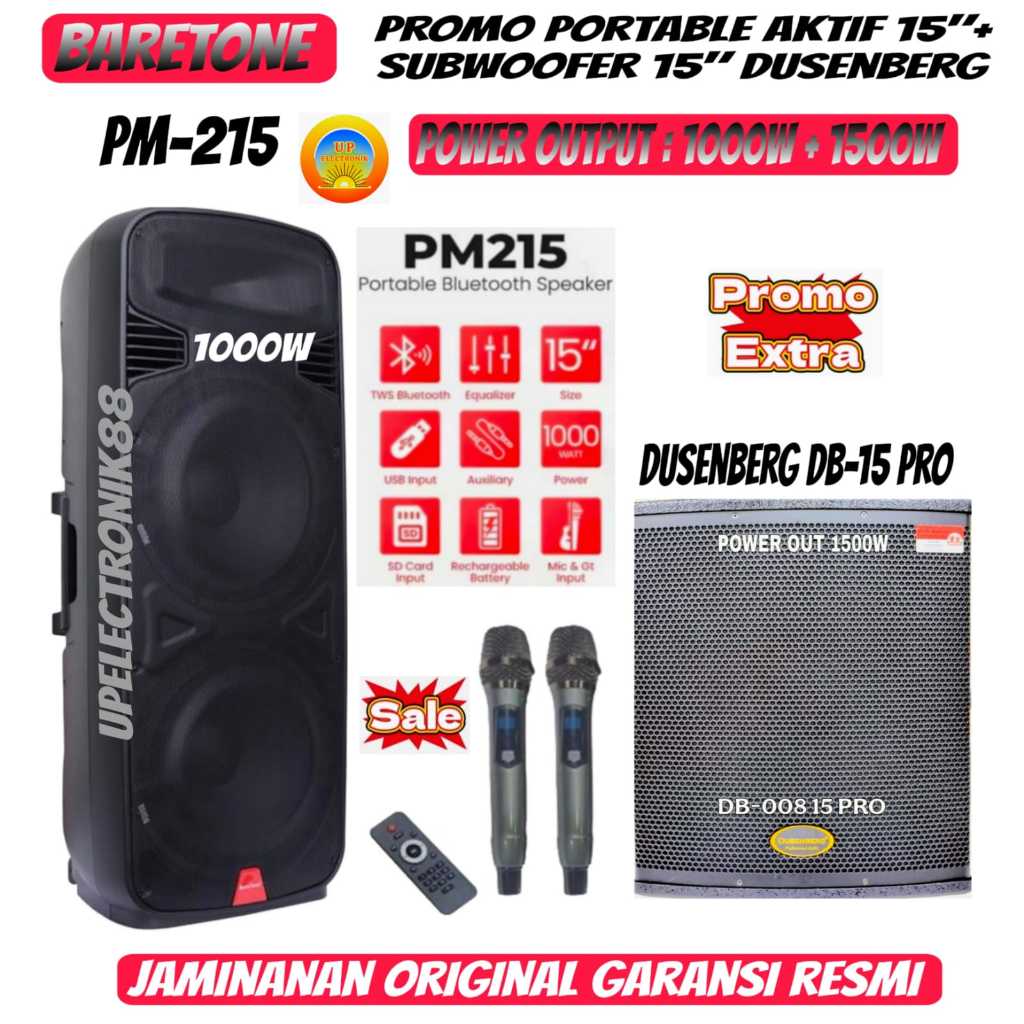 Paket Sound System Speaker Portable Baretone PM215 & Subwoofer Dusenberg Original 2 Varian