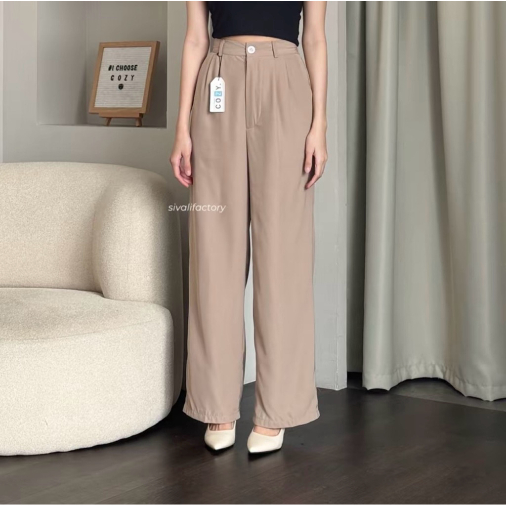 (PL) Loose Pants Polyester Cream Wanita
