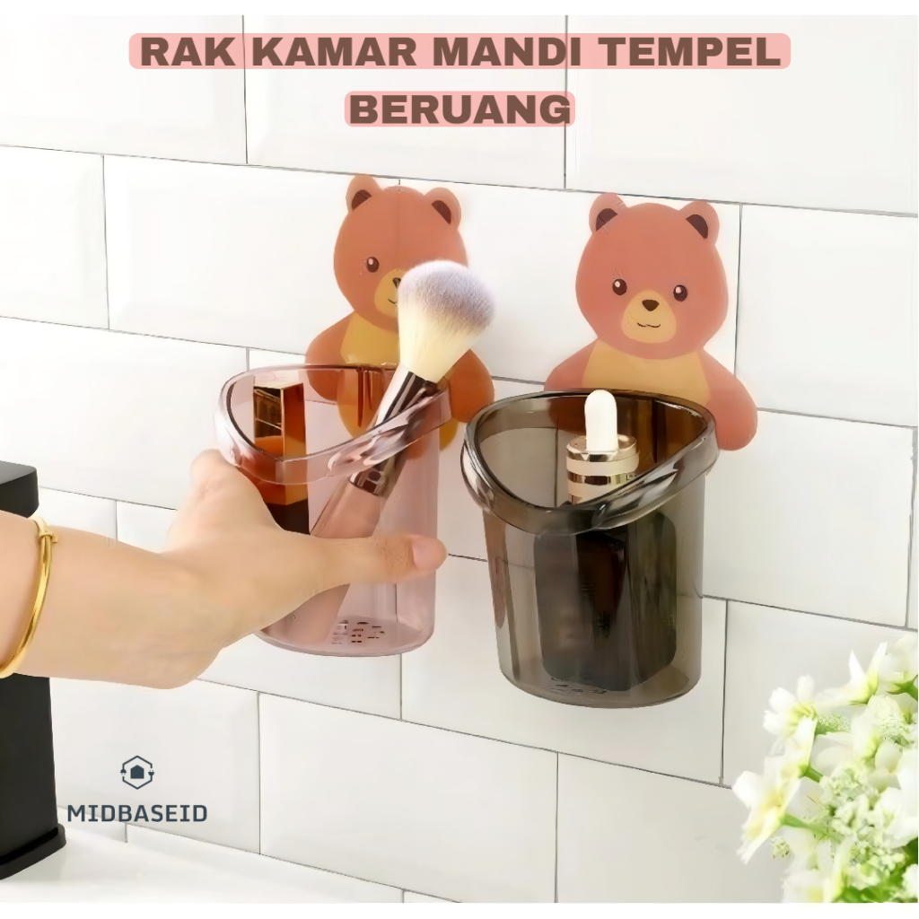[Midbase]   Gantungan Tempat Sikat Gigi Odol Gambar Beruang Tempel Dinding / Rak Kamar Mandi Tempel 