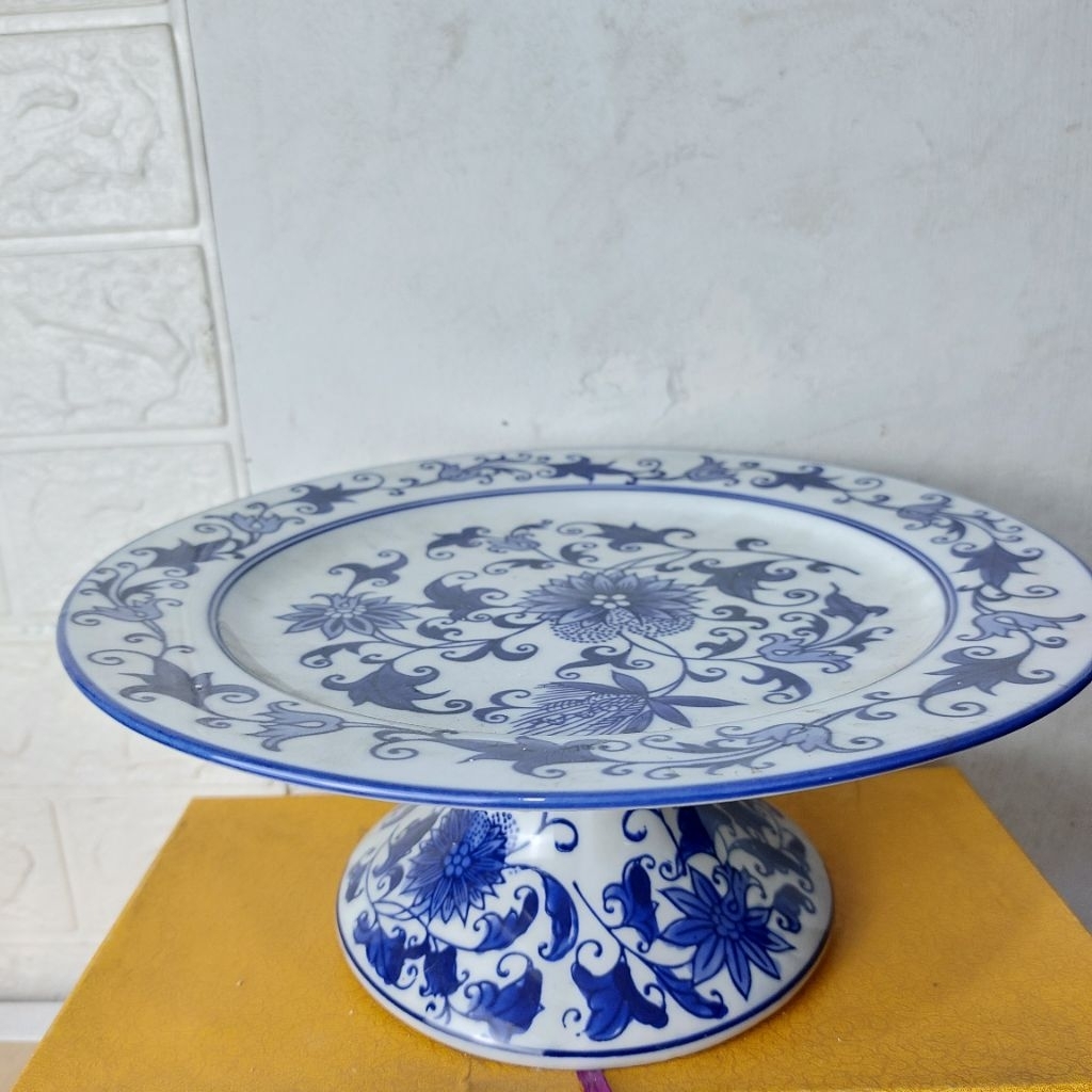 piring kaki tempat buah atau wadah saji biru nav/piring saji kue bolu atau puding/kue basah