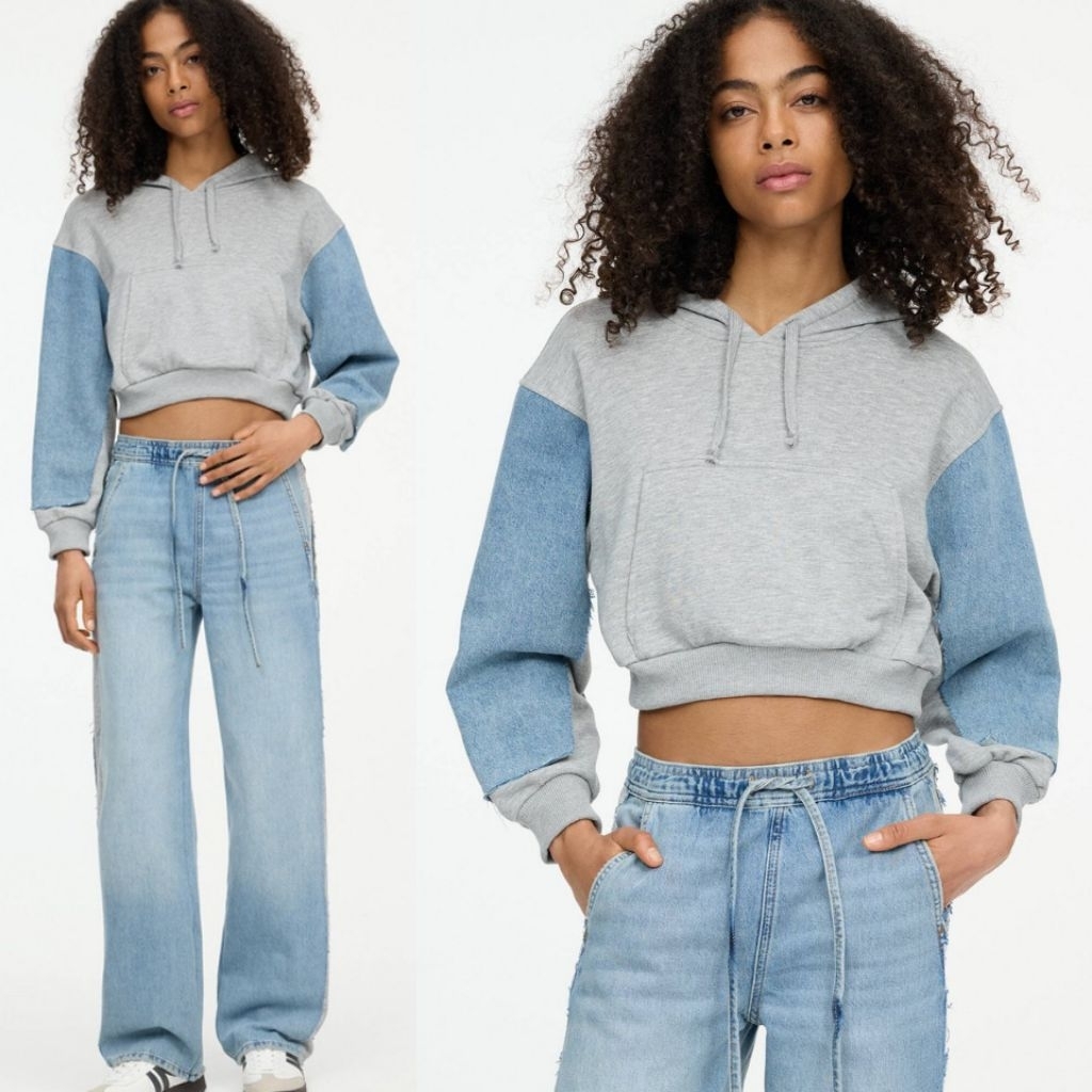 PULL&BEAR HOODIE JAKET SWEATSHIRT WITH DENIM GRAY ASLI ORIGINAL BARU