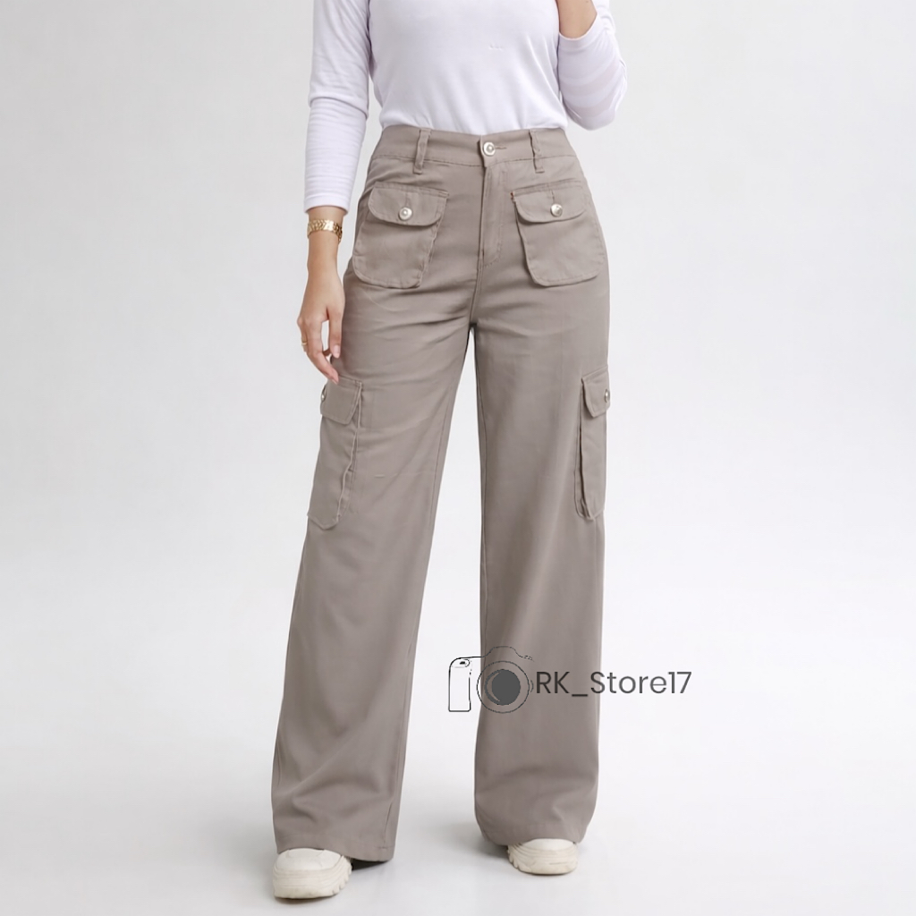 Celana Cargo Panjang Wanita Highwaist Korean - Cargo LULU Denim Pasir Putih
