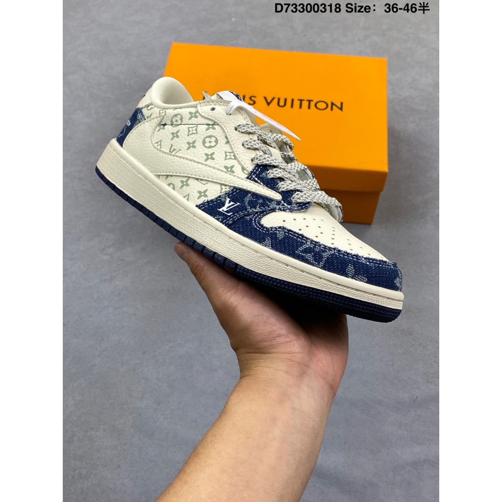 Sepatu Air Jordan 1 Low x Louis Vuitton Krem Denim Pria Wanita Premium Anti Slip