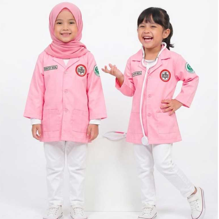 Baju Profesi Anak Jas Dokter Anak Perempuan Warna Pink - Kostum Dokter Kecil Lengan Panjang Free Bor