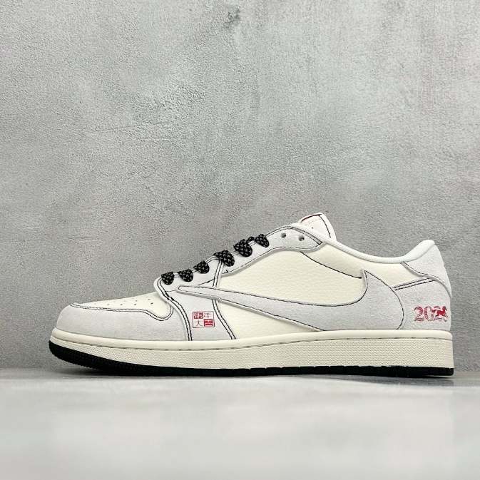 Sepatu Air Jordan 1 Low x Travis Scott Tahun Kuda Putih Abu-abu Pria Wanita Premium Anti Slip