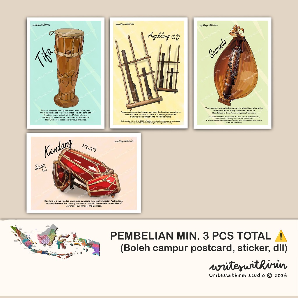 (writeswithirin) Kartu Pos/ Post Card/ Postcard Alat Musik Tradisional Indonesia