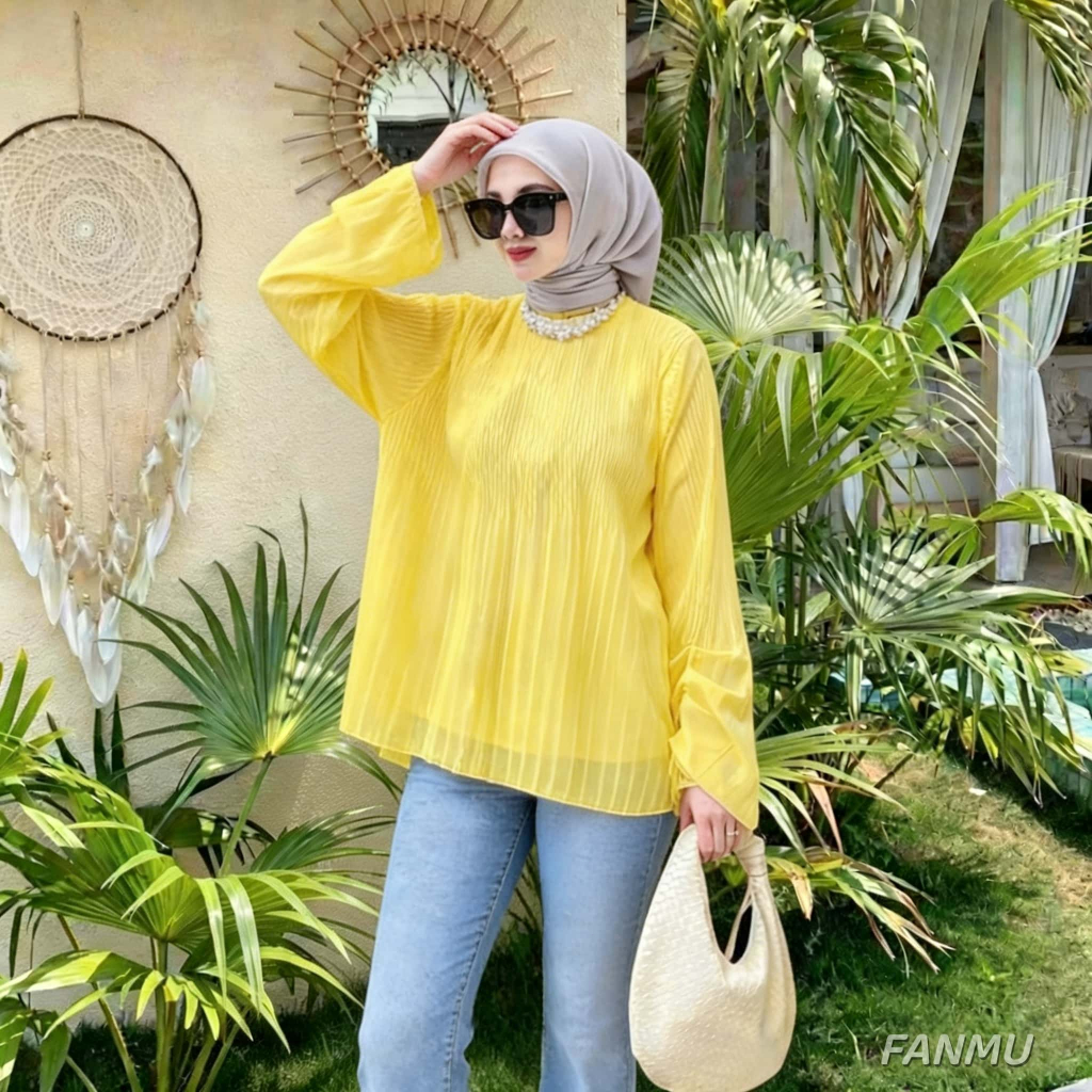 FANMU Blouse Plisket Lengan Balon Wanita | Atasan Putih Polos Premium Wanita