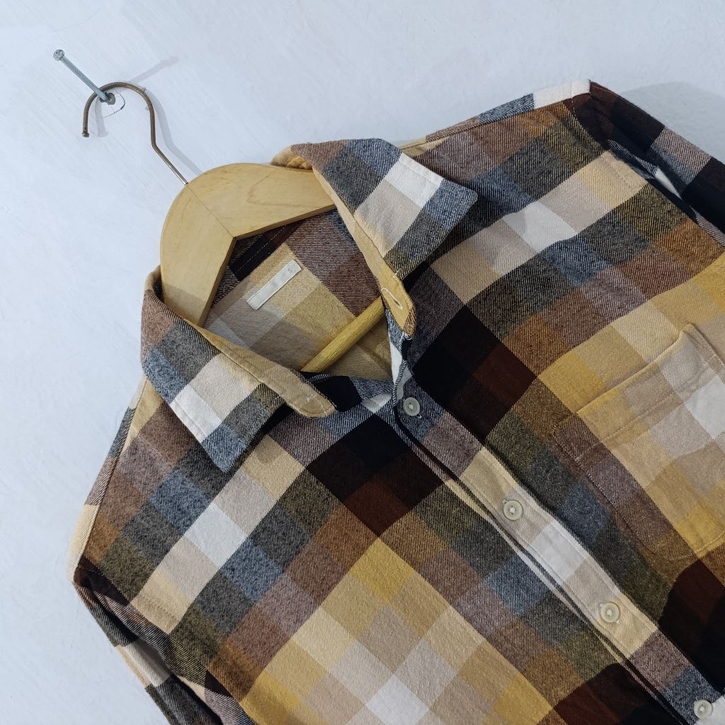 [Flannel GU] Kemeja Flanel Global Uniqlo Plaid Long Sleeve Shirt Kuning Coklat Putih Size S (Fit to 