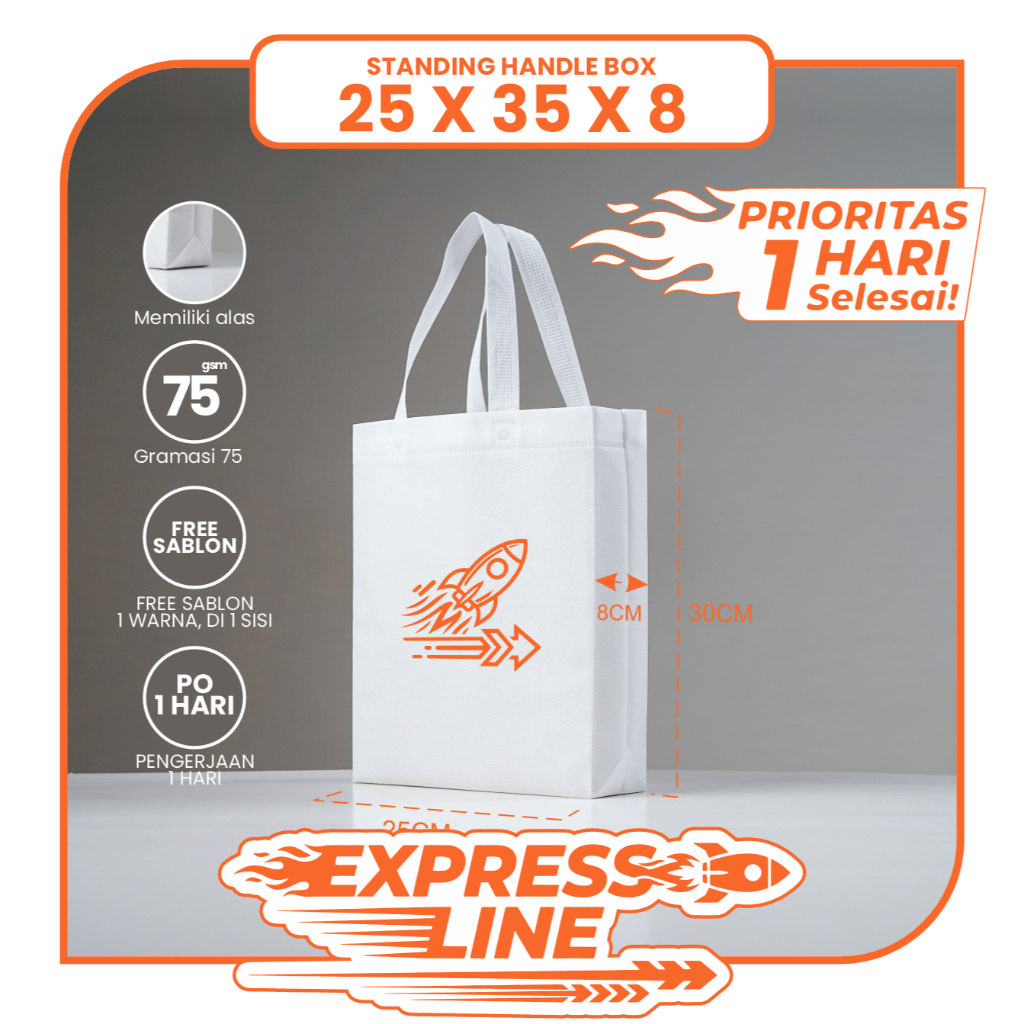 TAS SPUNBOND LIPAT BOX 25X35 SABLON COSTOM 1 HARI JADI (EXPRESS LINE) UNTUK TAS SOUVENIR, SYUKURAN, 