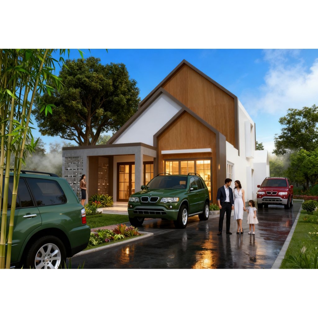 Desain rumah 3D eksterior + denah. uk 7x13, 3 kamar tidur. model rumah minimalis mezaninne. jasa des