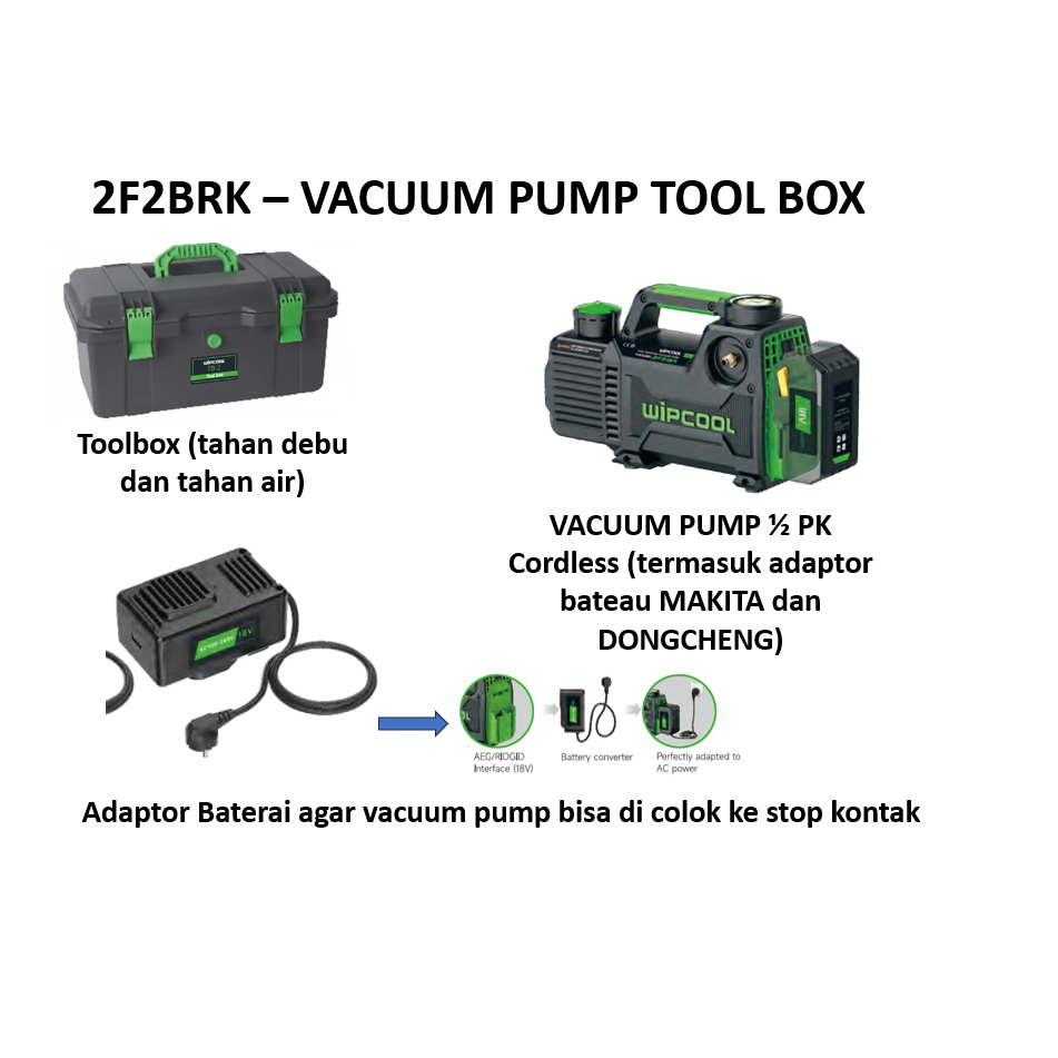 WIPCOOL vacuum pump ac 2F2BRK Kit set pompa vakum AC portable cordless 2 stage double stage 0.5 pk m