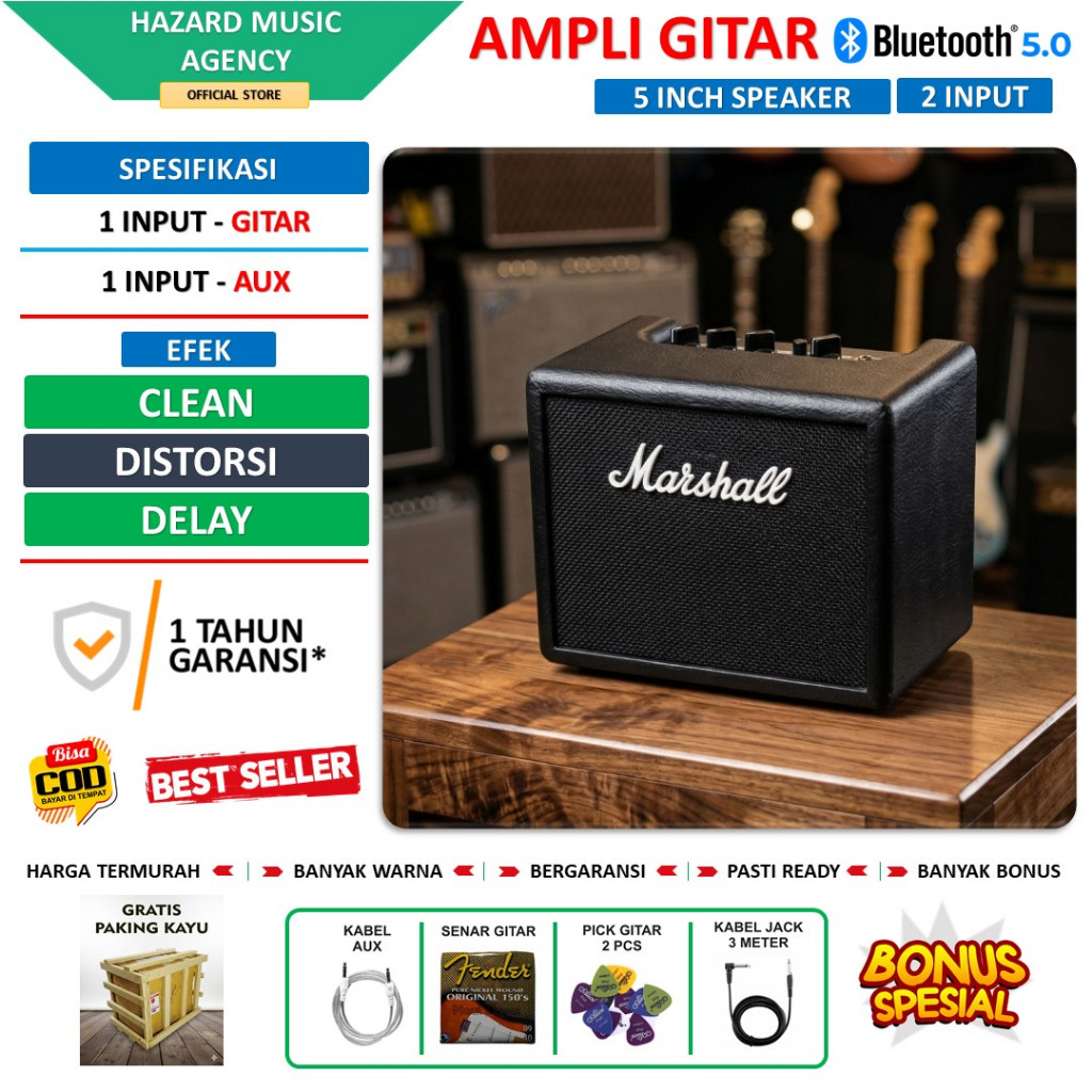 ampli gitar dan bass 5 inch bluetooth 2 Input marshall plus efek distorsi & aux termurah bergaransi