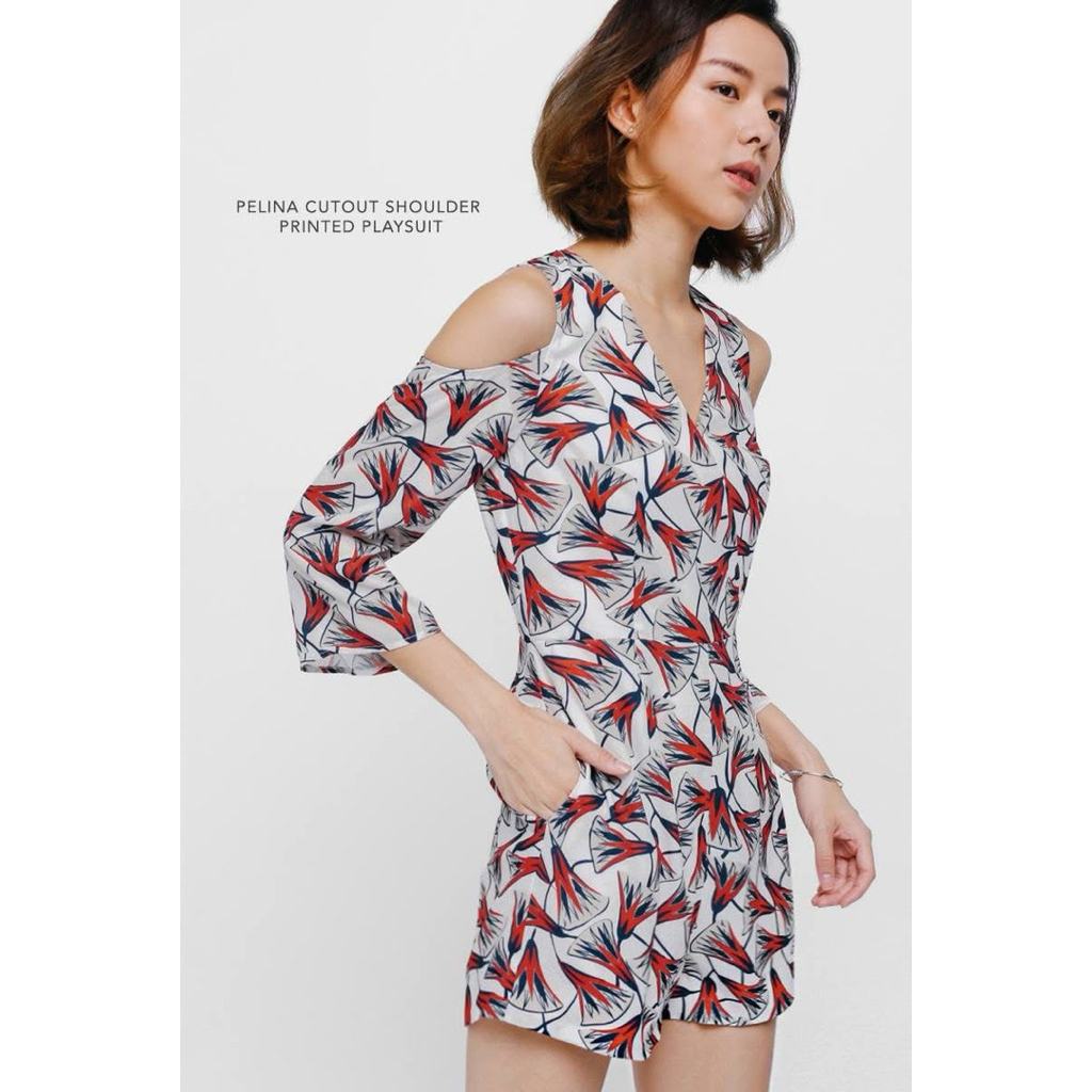 PRELOVED Love Bonito LB White Pelina Cutout Shoulder Printed Playsuit Jumpsuit Mini Fashion Wanita