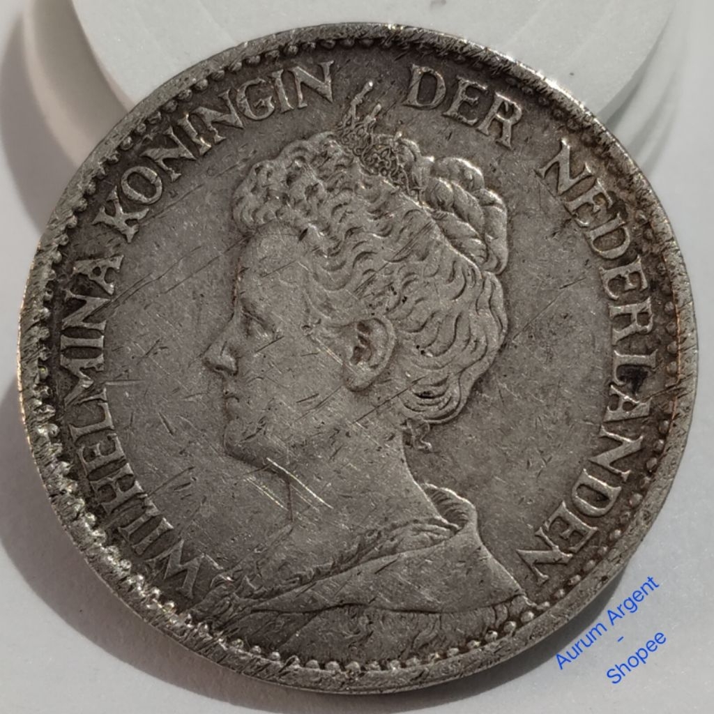WILH1G-120.. 1 PC KOIN PERAK KUNO ASLI 1 GULDEN WILHELMINA TH 1917.  -- SILVER COIN --