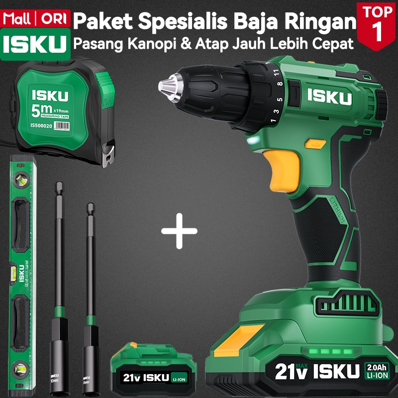 ISKU Paket Bor Cordless Brushless 21V 40Nm Baterai 4Ah Alat Pasang Baja Ringan Roofing Mesin Bor Cas