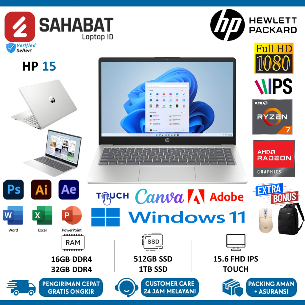 Laptop Gaming HP 15 AMD Ryzen 7 7730U RAM 32GB 1TB SSD  FHD IPS TOUCH Windows 11 Home