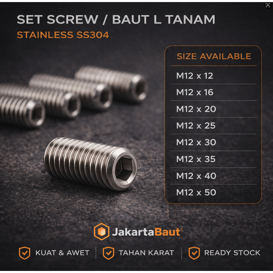 Baut L Tanam M12X12 / L Set 12X12 / Baut Tanam L M12 X 12 / L Set  12 X 12  - Socket Set Screw Stain