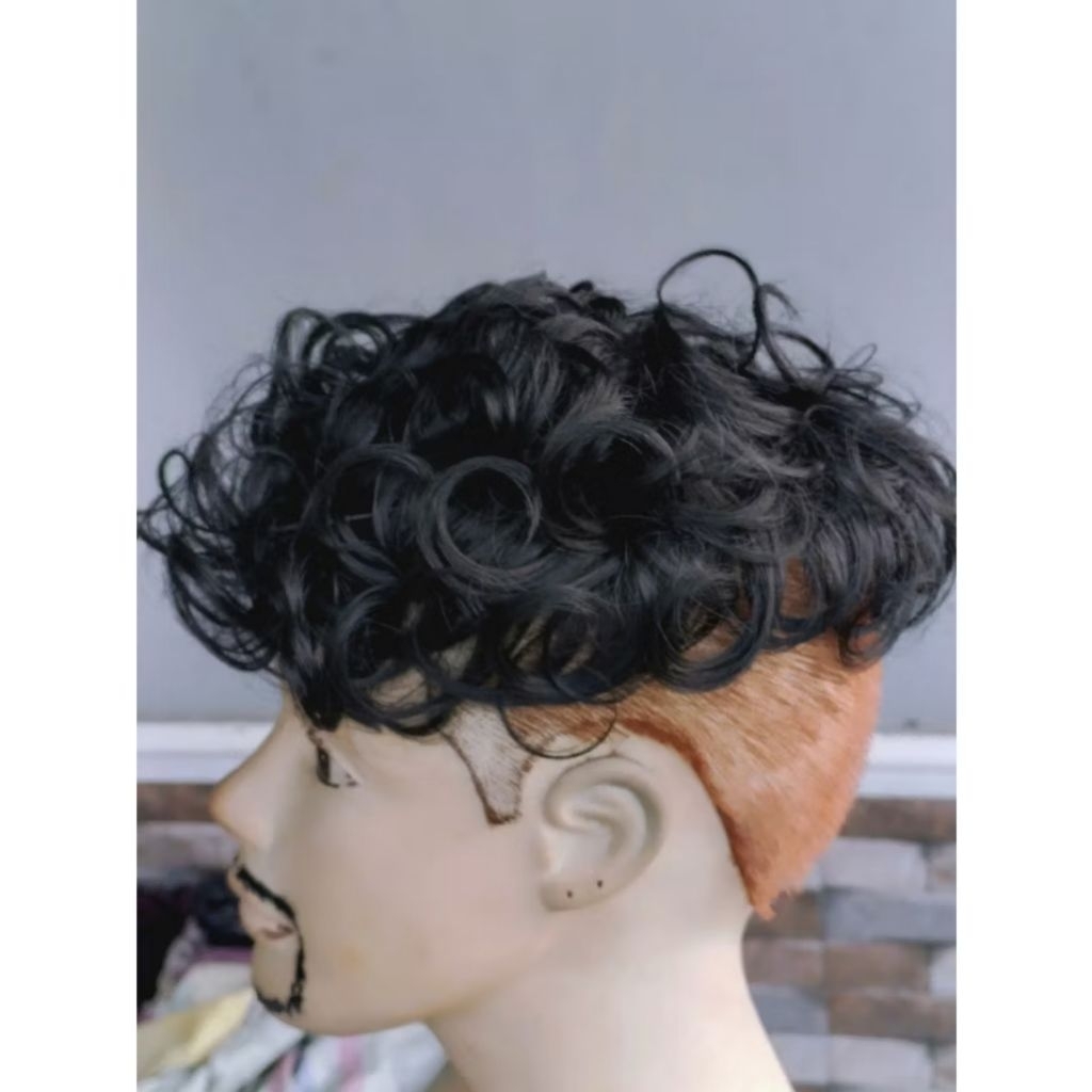 Toupee Penutup Botak Pria Keriting Hitam Natural/Wig Toupee Keriting Penutup Botak Pria