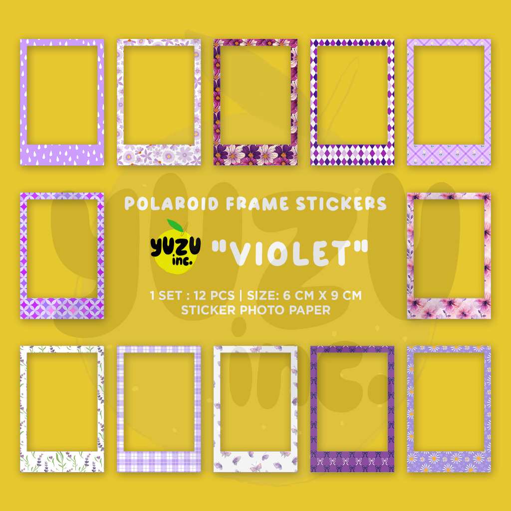 12 Pcs Sticker Polaroid Frame Aesthetic Journal Scrapbook Deco. Stiker Motif Jurnaling Bujo - Violet