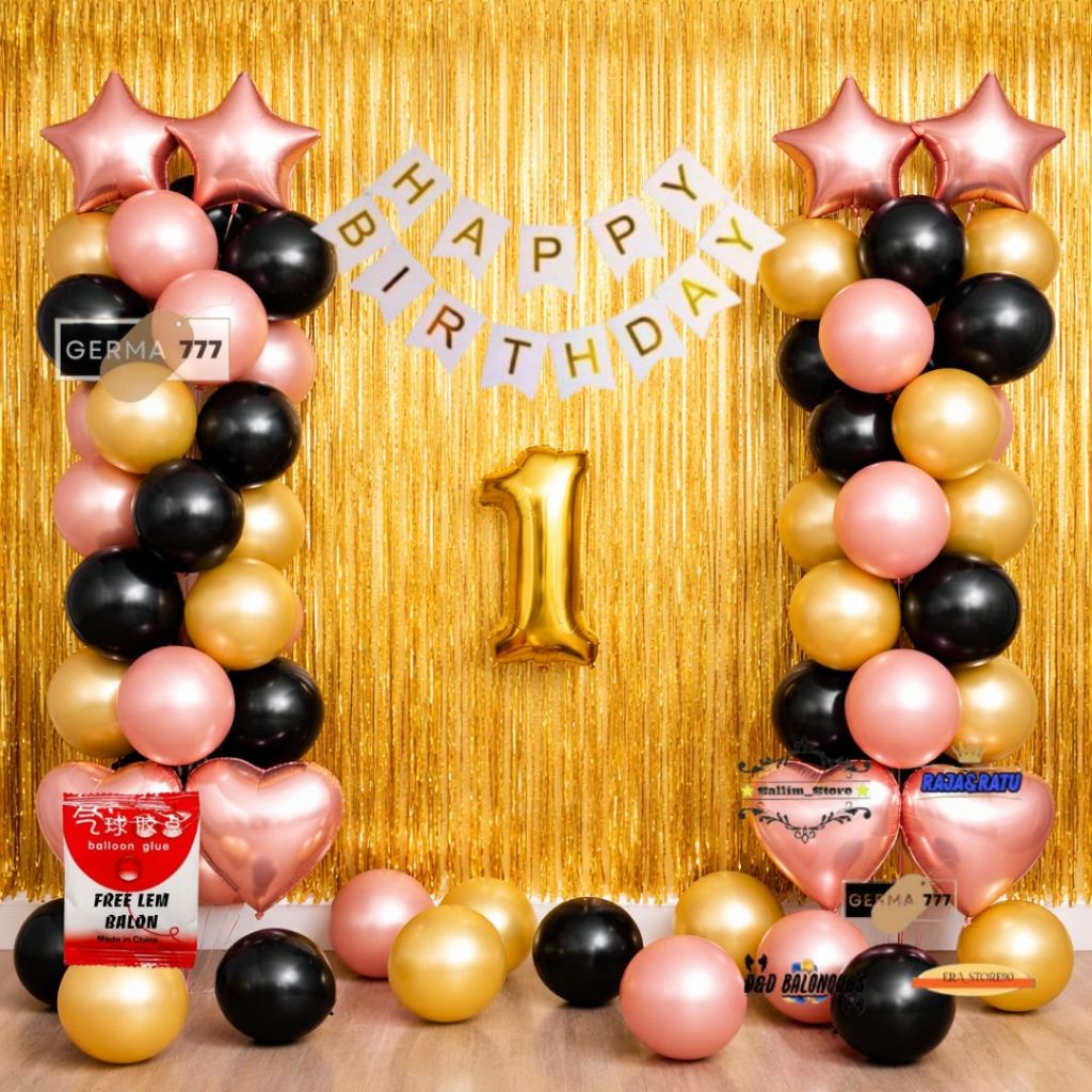 Set Dekorasi Pesta Ulang Tahun Anak Banner Happy Birthday Balon Mix 3 Warna Tirai Foil Gold