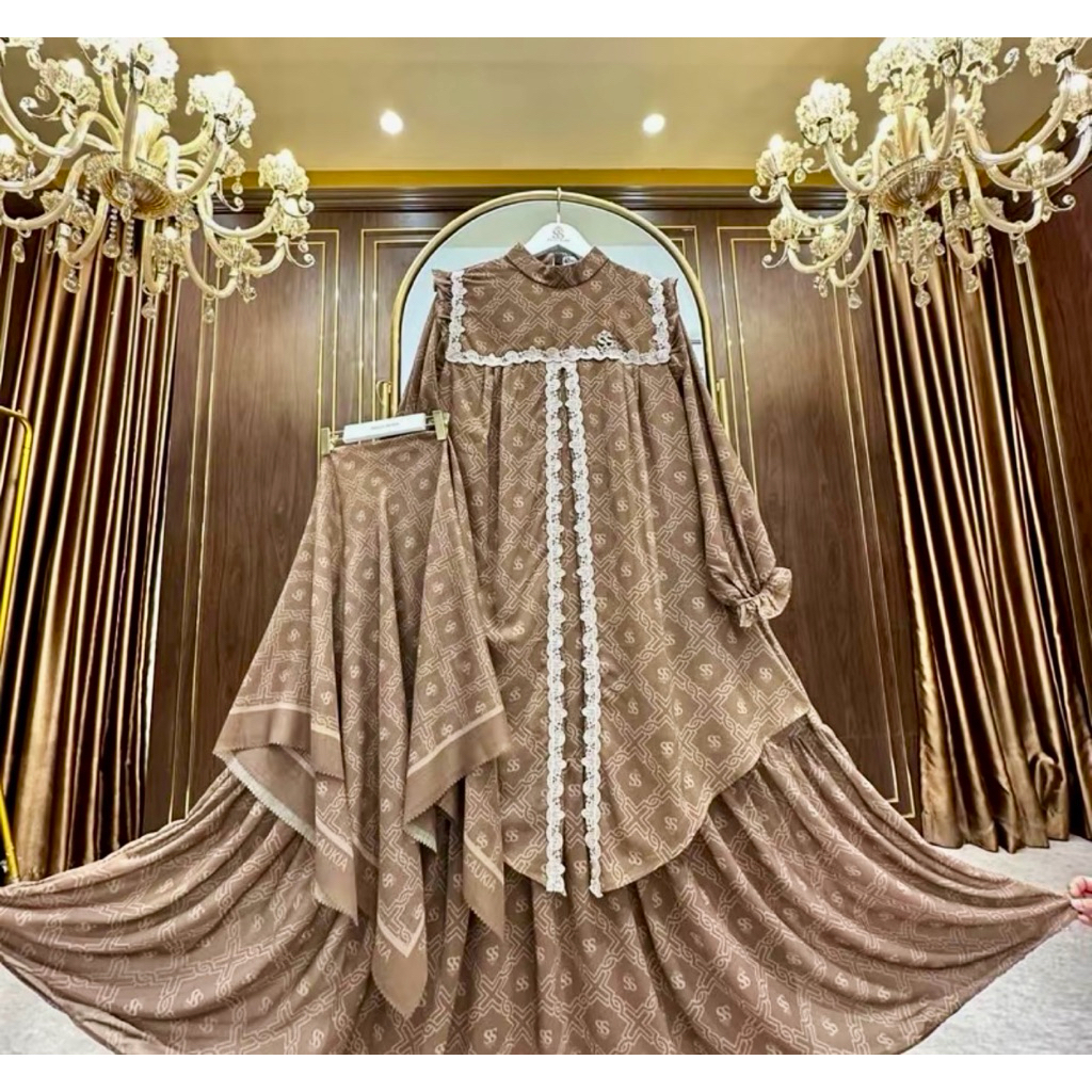 READY SHELLASAUKIA GAMIS Monogram LEBARAN DRESS Set hijab TERBARU DRESS Tangan Brukat SET HIJAB PREM