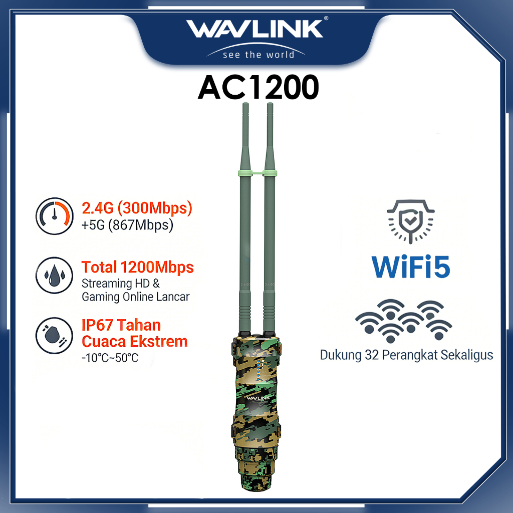 WAVLINK AC1200 Outdoor WiFi Repeater extender Penguat Sinyal Jarak Jauh IP67 PoE 2 Antena 7dBi